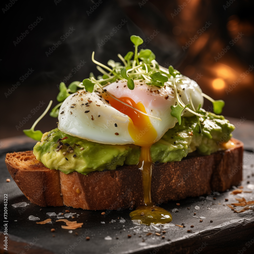 Poached egg toast with avocado restaurant food, black background, realistic photo Poached egg toast with avocado restaurant food, black background, realistic photo