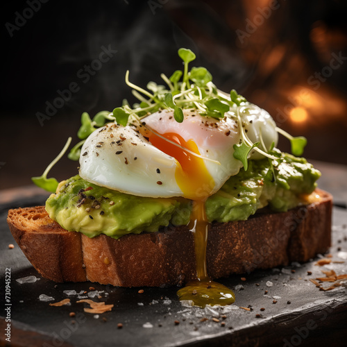Poached egg toast with avocado restaurant food, black background, realistic photo