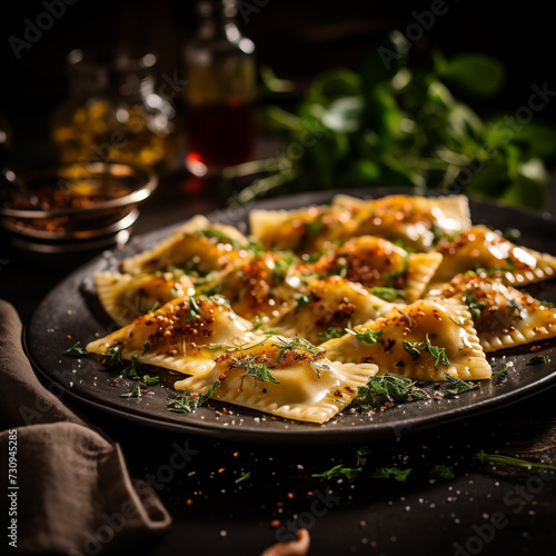Ravioli italian restaurant food, black background, realistic photo