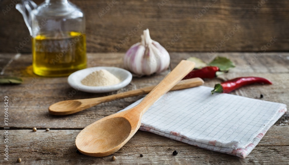 wooden spoon and a cooking recipe on wooden background