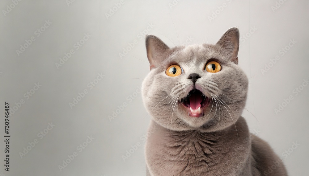 a lilac british cat looking up the cat opened his mouth with a mad look the concept of an animal that is surprised or amazed the figure of a cat on an background of white color