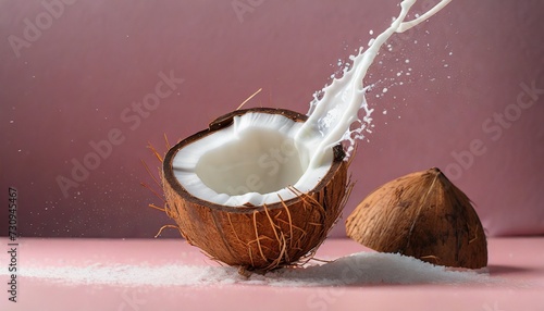 coconut and spray of coconut milk over pink background broken coconut levitation