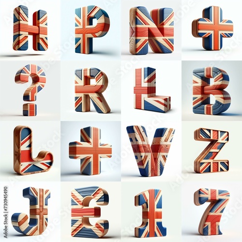 United Kingdom letters shape 3D wooden Lettering Typeface. AI generated illustration