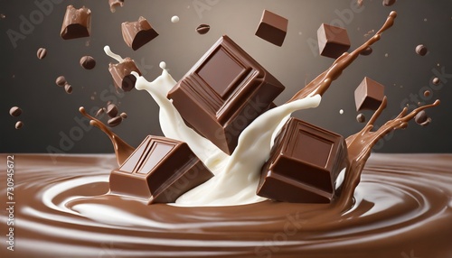 chocolate pieces falling on chocolate sauce and milk cream splash 3d illustration