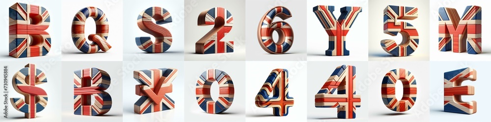 Obraz premium United Kingdom letters shape 3D wooden Lettering Typeface. AI generated illustration