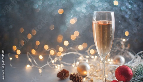 a glass of champagne on a silver background with highlights for christmas and new year with generative ai technology