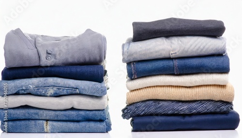 stack of clothing jeans sweaters pattern on a white background isolation