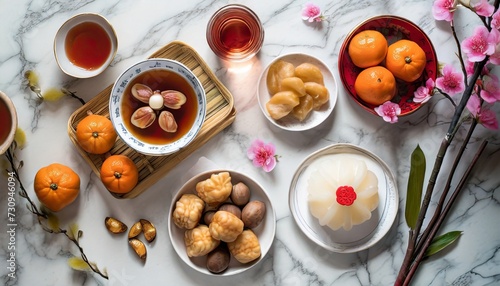flat lay chinese new year food and drink on marble table top