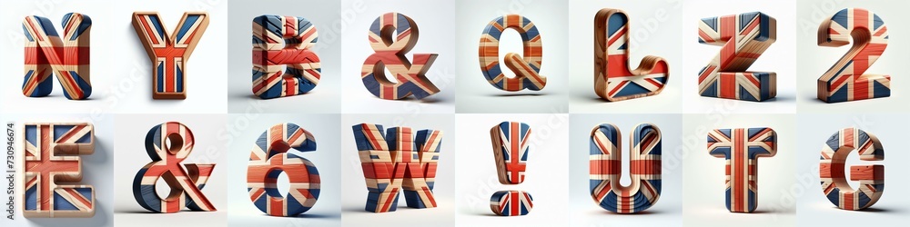 Fototapeta premium United Kingdom letters shape 3D wooden Lettering Typeface. AI generated illustration