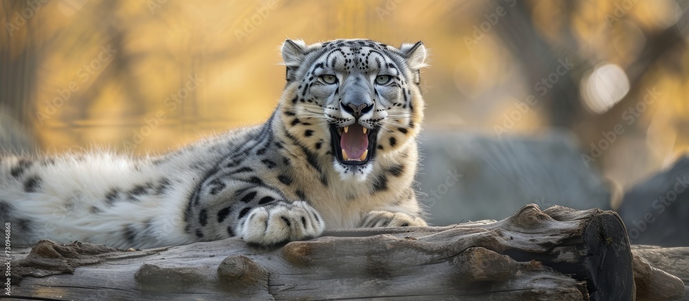 A female snow leopard, Panthera uncia, resting on a log with her mouth agape.