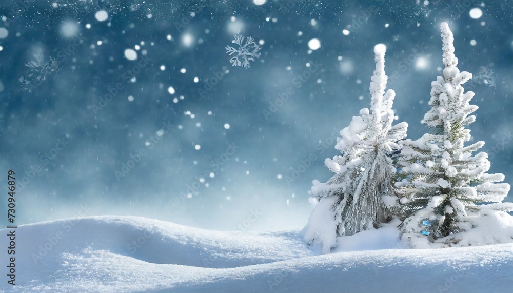 beautiful landscape with snow covered fir trees and snowdrifts merry christmas and happy new year greeting background with copy space winter fairytale