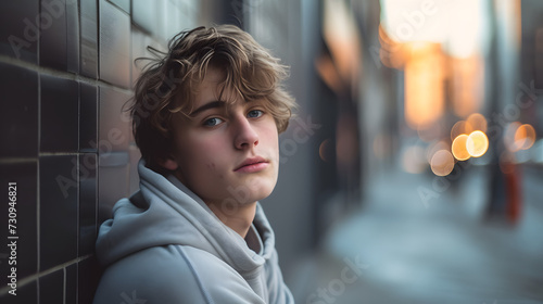 A modern informal teenager boy against an urban background