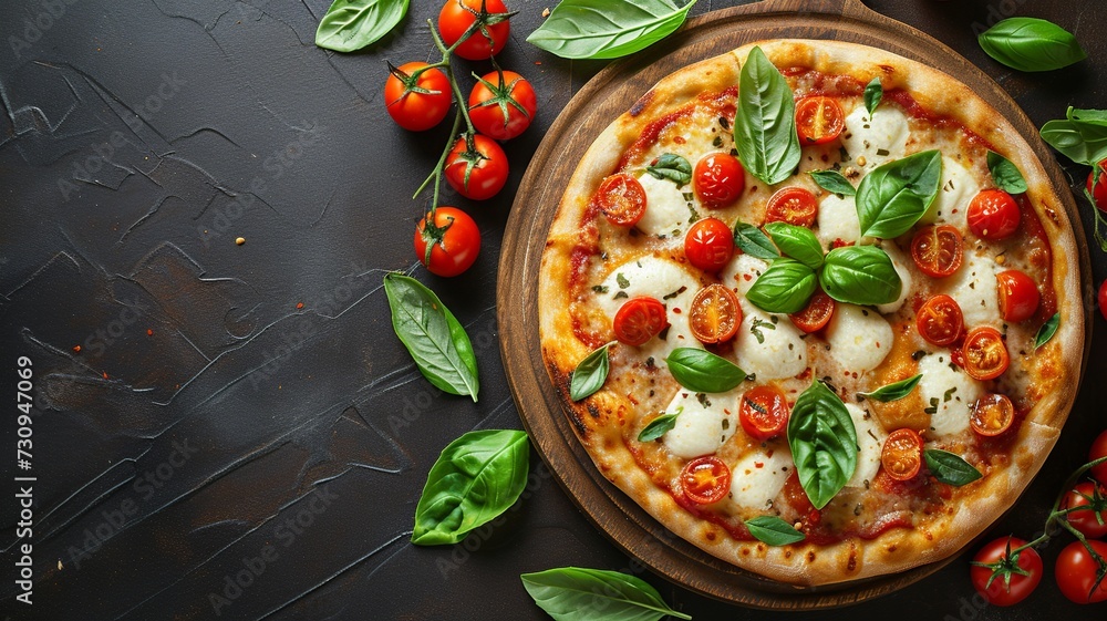 Gourmet Pizza with Fresh Mozzarella Flat Lay Gourmet Pizza with Fresh Mozzarella Flat Lay
