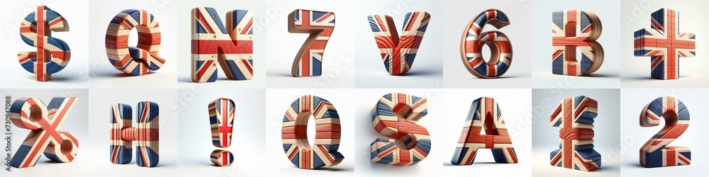 Fototapeta premium United Kingdom letters shape 3D wooden Lettering Typeface. AI generated illustration