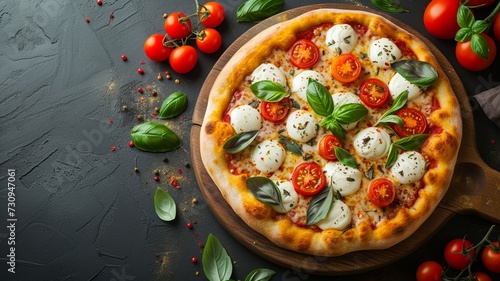 Gourmet Pizza with Fresh Mozzarella Flat Lay