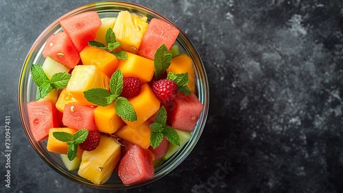 Colorful Fruit Salad in Glass Bowl Top View photo