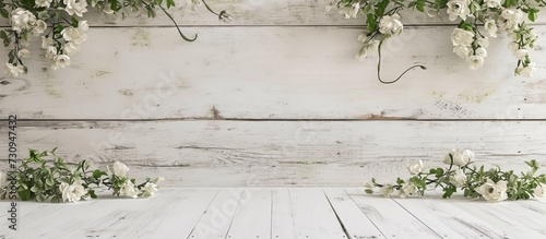 Vintage white table with old wood texture, adorned with flowers.