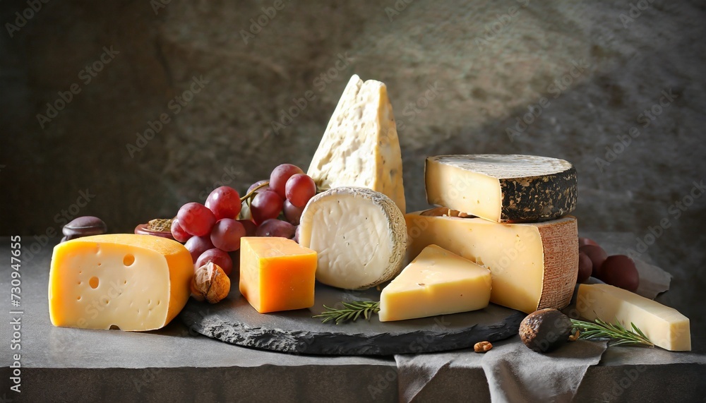 different kinds of delicious cheese on table