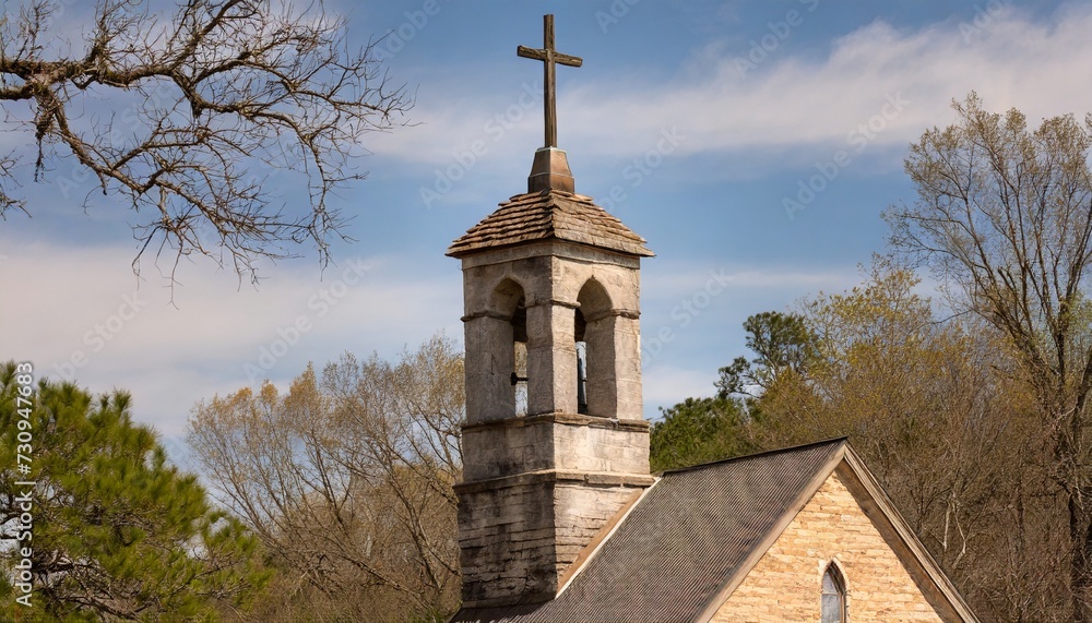 rural old church steeple cross and bell tower