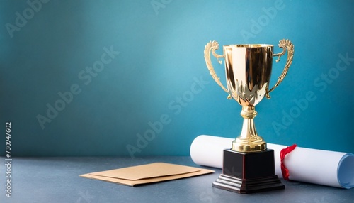 trophy and certificate on the blue background with copy space