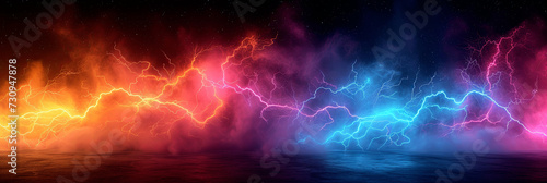 Lightning illustration, colorful wide format image on black background. 