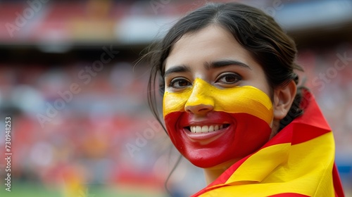 Cheerful spanish woman in flag face paint at football stadium, cheering with text space © Andrei