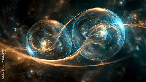 Quantum entanglement: Two interlinked, pulsating spheres connected by shimmering threads