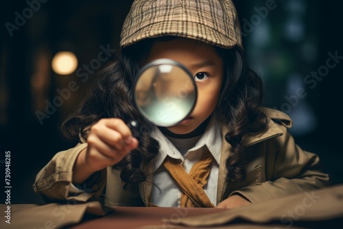 A little child detective investigator, donned in a hat and long suit, poses for a portrait and learning the detective way. Generative AI. photo