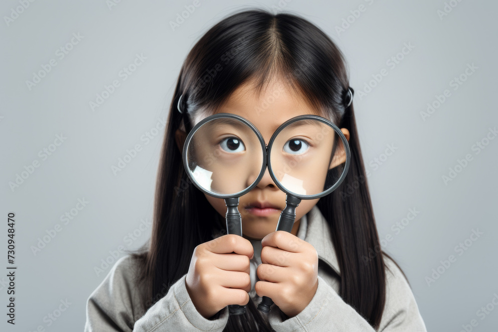 A little child detective investigator, donned in a hat and long suit, poses for a portrait and learning the detective way. Generative AI. A little child detective investigator, donned in a hat and long suit, poses for a portrait and learning the detective way. Generative AI.