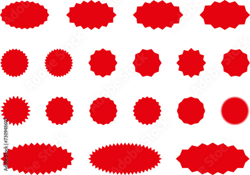 Starburst red sticker set - collection of special offer sale oval and round shaped sunburst labels and badges. Red starburst, sunburst, stamp, seal, label or burst, badge, sticker. Vector.