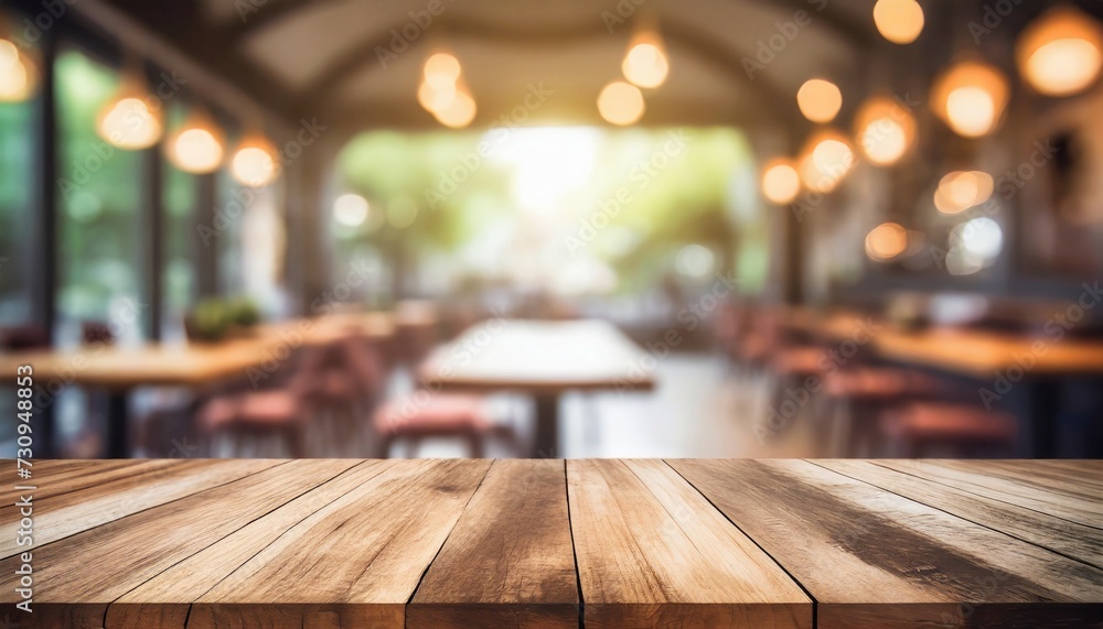 empty wooden table space platform and blurry defocused restaurant interior vintage tone