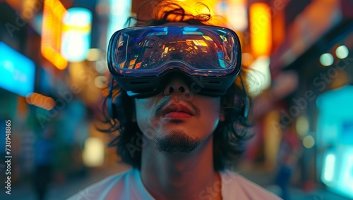 Neon-Lit VR Experience man exploring virtual worlds with VR glasses