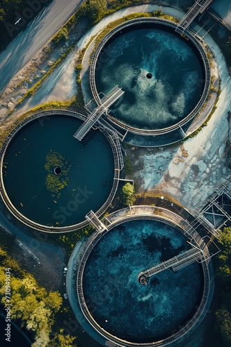 Sewage treatment plant from above. Water recycling. Waste management. Ecology and environment. Preserving the environment through innovative sewage treatment.