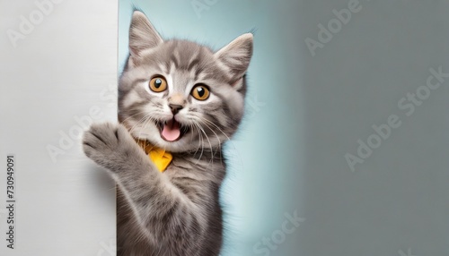 happy cat peeks out from behind a banner and waving his paw on white background