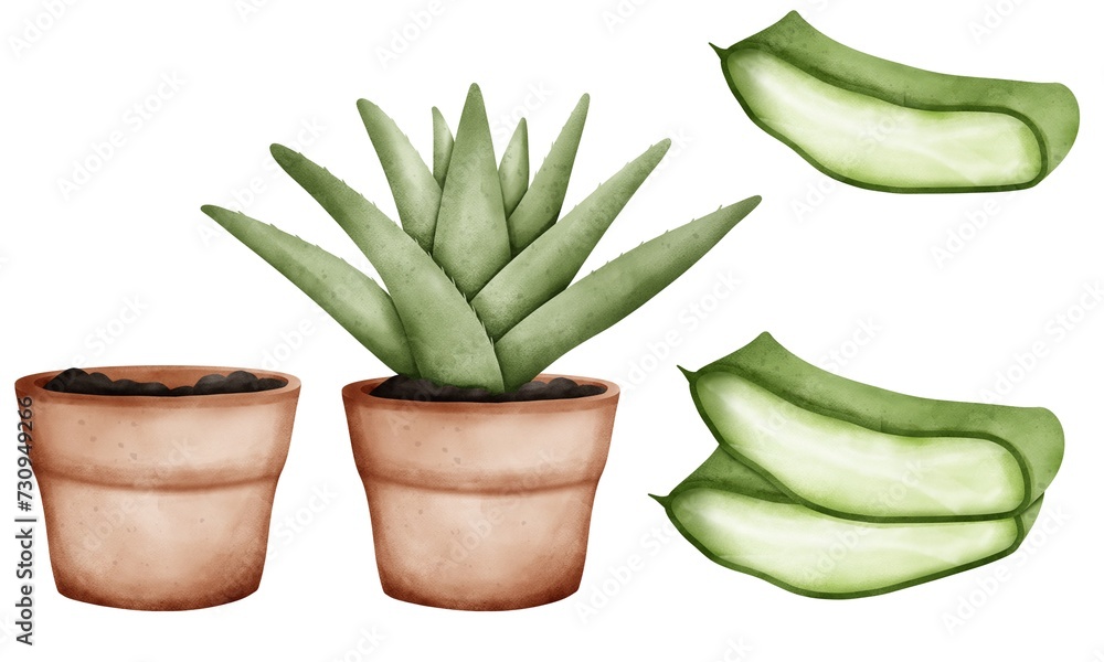 Set of watercolor aloe vera plant isolated on white Set of watercolor aloe vera plant isolated on white