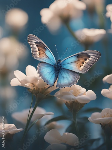 Blue Butterfly perched on white flowers.