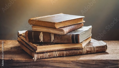 vintage antiquarian books pile on wooden surface in warm directional light selective focus photo