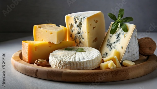 different types of delicious cheese in wooden plate closeup