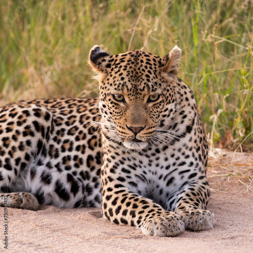 a leopardess close up on the road