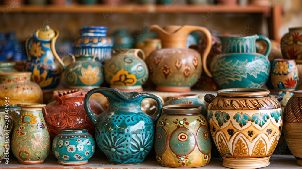Decorative hand-painted pottery arranged in a cre