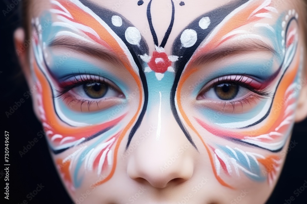 Close-up portrait of a girl with elaborate butterfly face paint in vivid orange, blue, and white tones, resembling butterfly wings, with an intense gaze.