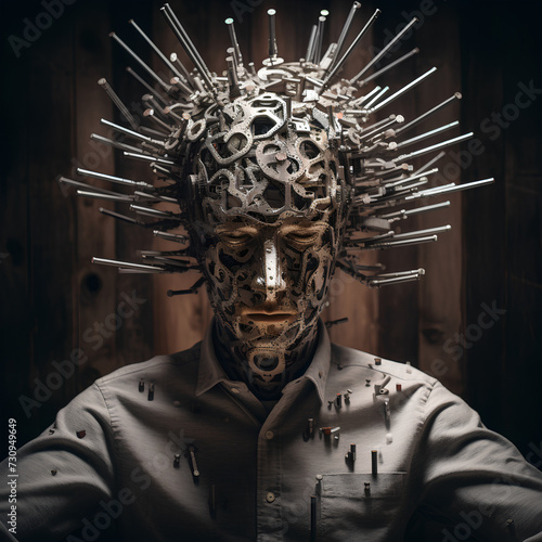 In a grotesque image, a man endures agony with nails piercing his head, evoking shock and horror. photo