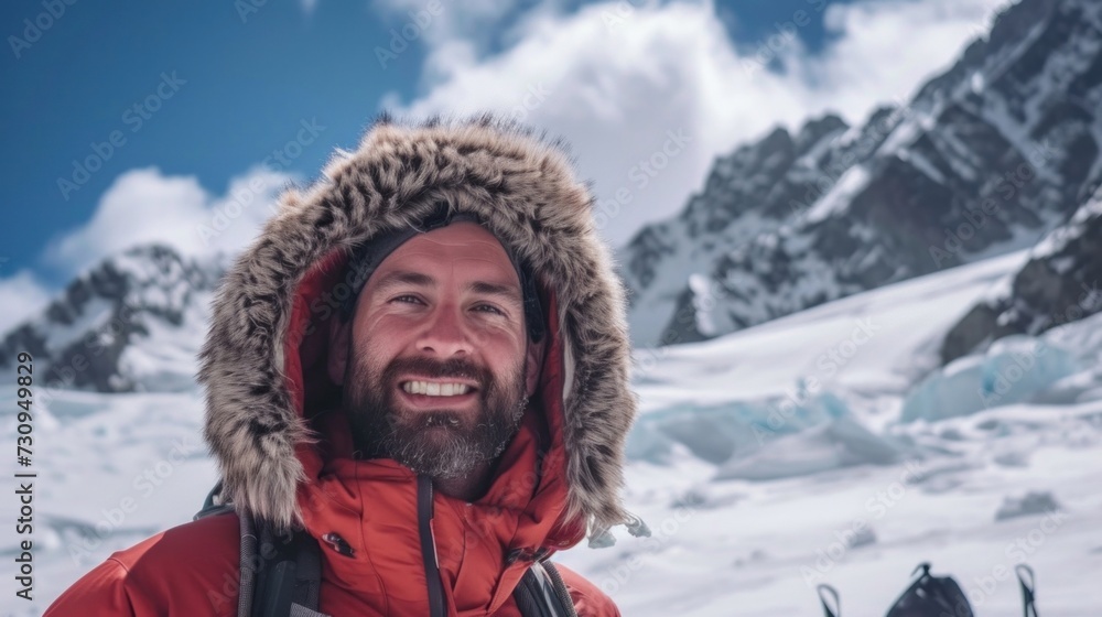A bearded man in a red parka with a fur-lined hood smiling and posing in a snowy mountainous landscape under a partly cloudy sky. A bearded man in a red parka with a fur-lined hood smiling and posing in a snowy mountainous landscape under a partly cloudy sky.