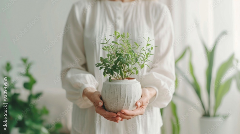 A person in a white blouse holding a small potted plant with a green leafy top standing in a room