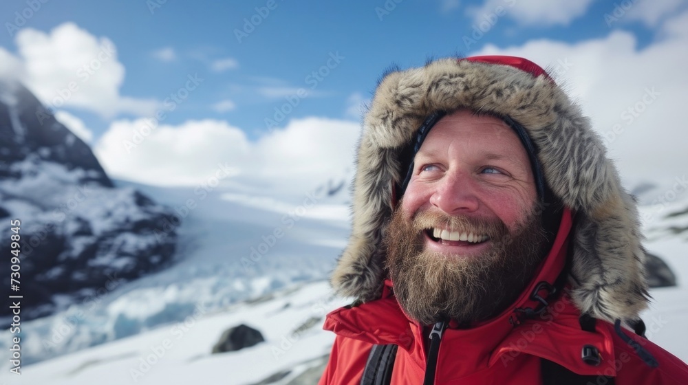 A bearded man in a red parka and fur-lined hat smiling and looking up towards the camera standing on a snowy mountain with a clear blue sky and snow-covered peaks in the background. A bearded man in a red parka and fur-lined hat smiling and looking up towards the camera standing on a snowy mountain with a clear blue sky and snow-covered peaks in the background.