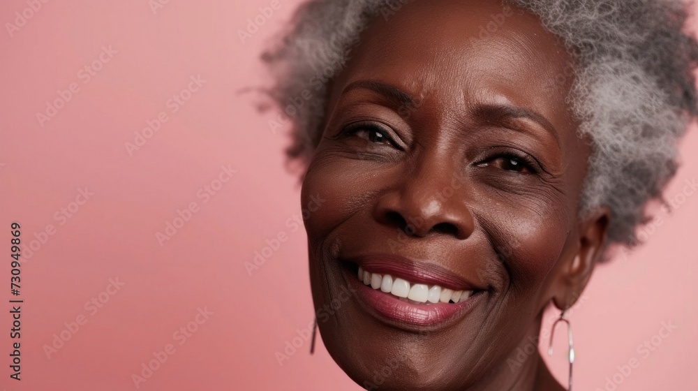 A close-up portrait of a smiling woman with gray hair wearing earrings against a pink background. A close-up portrait of a smiling woman with gray hair wearing earrings against a pink background.