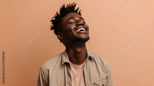 A young man with a joyful expression laughing heartily with his eyes closed against a warm orange background wearing a light-colored shirt with a collar. © iuricazac