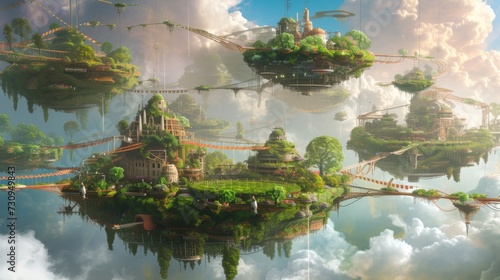 Fantasy Floating Islands with Connected Walkways. Fantasy landscape of lush floating islands connected by walkways amid clouds.