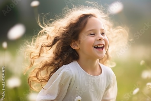 An elated young girl in a white embroidered dress stands in a field, her curly hair tossed by the breeze, and her infectious smile suggesting a moment of pure bliss under the warm, golden sunlight. © Oksana Smyshliaeva