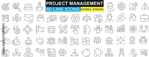 Project Management 60 Outline Icons, vector set. Business, teamwork, strategy visuals for web design, applications. Diverse symbols in modern style